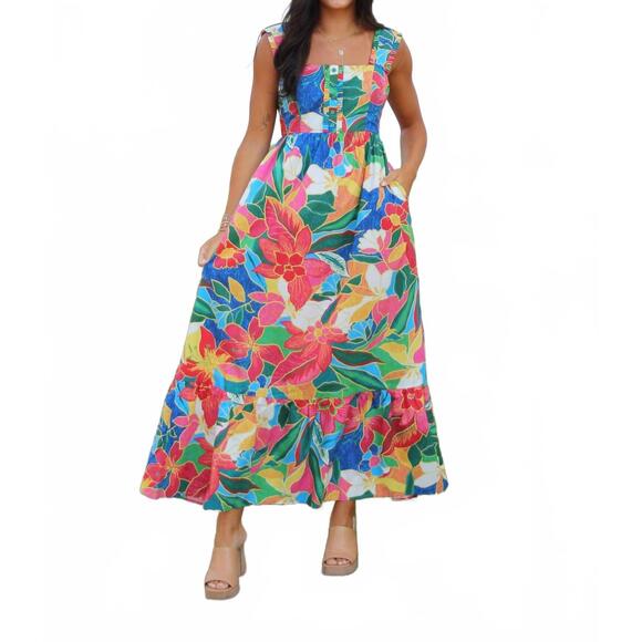 NEW SKIES ARE BLUE ruffle tie back maxi dress in multi - Picture 9 of 9